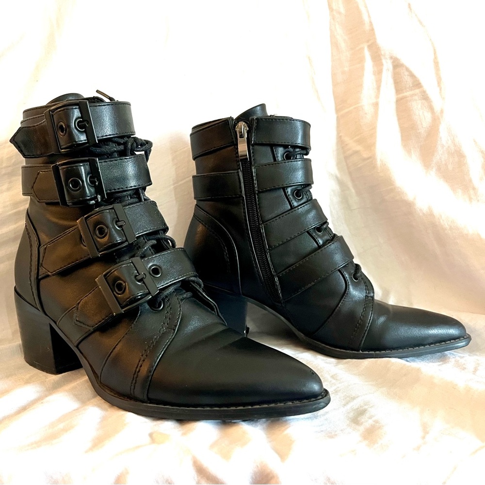 WIDOW by Dolls Kill black faux leather pointed heel buckle boots, pikes